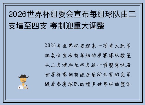 2026世界杯组委会宣布每组球队由三支增至四支 赛制迎重大调整