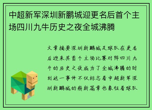 中超新军深圳新鹏城迎更名后首个主场四川九牛历史之夜全城沸腾 中超新军深圳新鹏城迎更名后首个主场四川九牛历史之夜全城沸腾