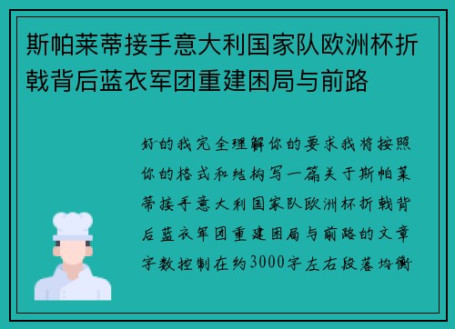斯帕莱蒂接手意大利国家队欧洲杯折戟背后蓝衣军团重建困局与前路